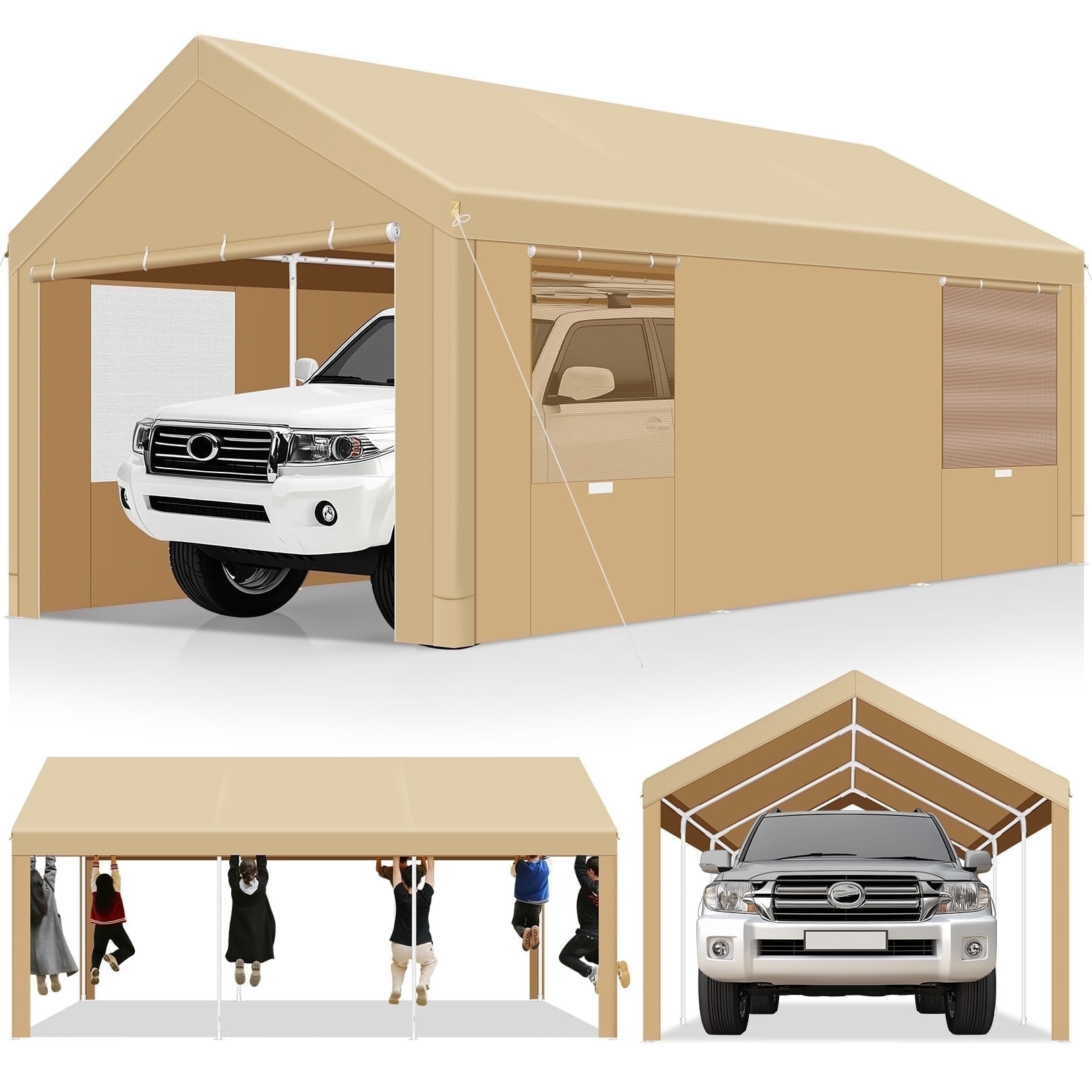 SANOPY 10'x20' Carport Heavy Duty Car Canopy Tent Outdoor Metal Car Tent Garage Shelter Shade Large Carport with 4 Roll-up Ventilated Mesh Windows & 2 Roll-up Sidewalls, Khaki