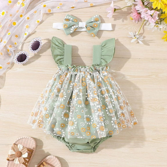 TOOYOU Baby Girl Bodysuits Cheap Toddler Girl Onesies Summer Green Flying Sleeve Jumpsuit With Bow Headband Floral Mesh Breathable Rompers Green Size 9-12 Months