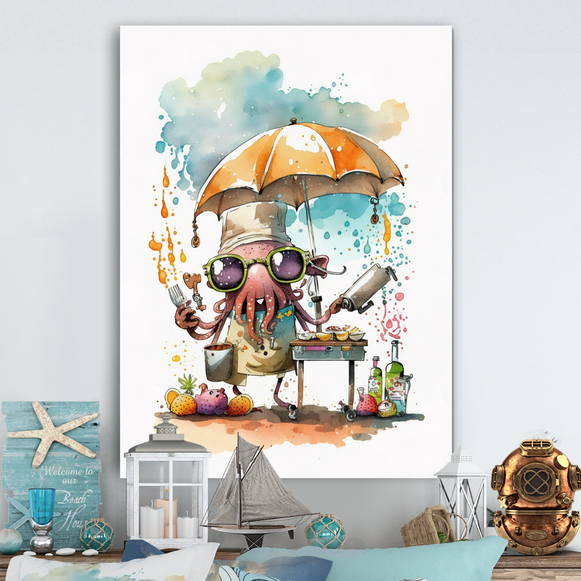 Designart Octopus having a BBQ Canvas Wall Art