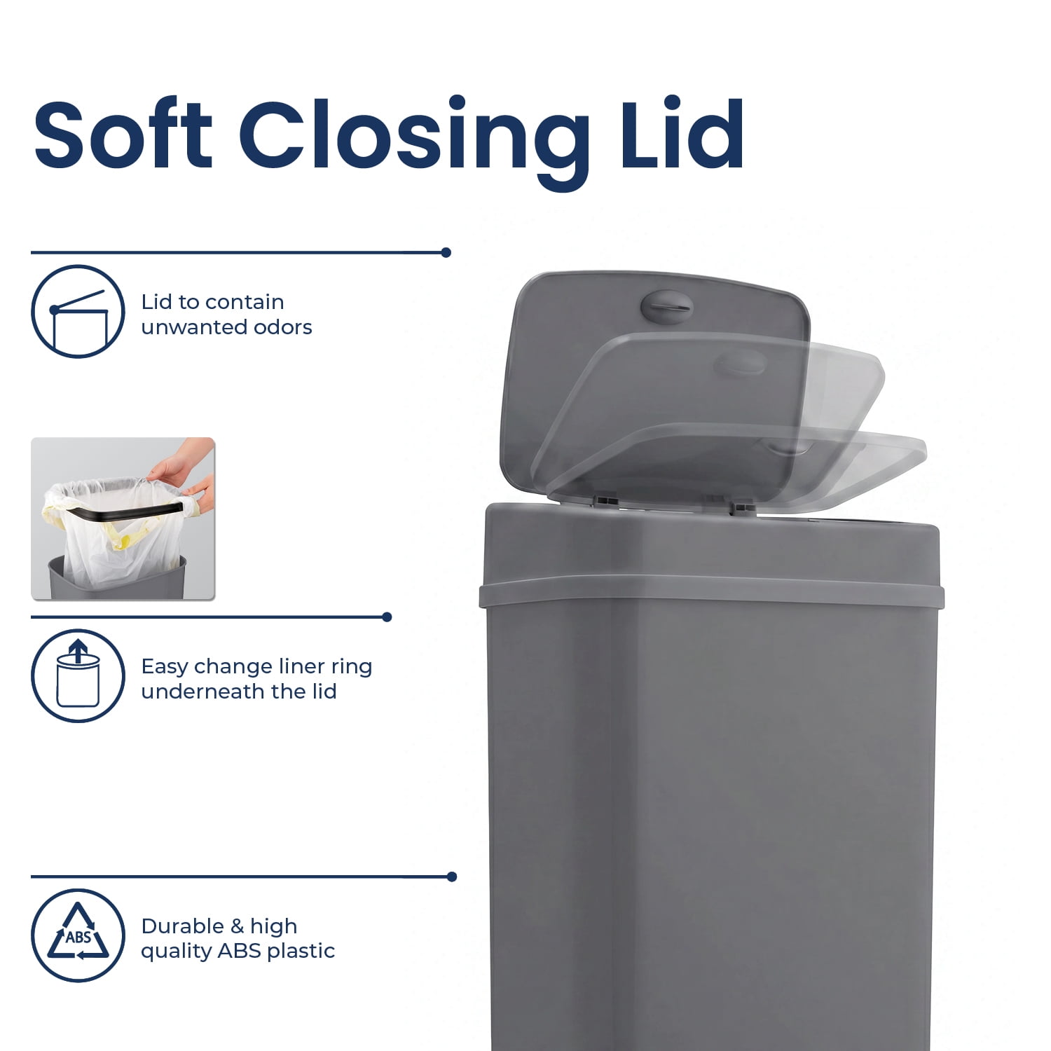Nine Stars Automatic Bathroom Trash Can, 3.2 Gallon Plastic, Motion Sensor Waste Bin with Soft Close Lid, Soothing Grey