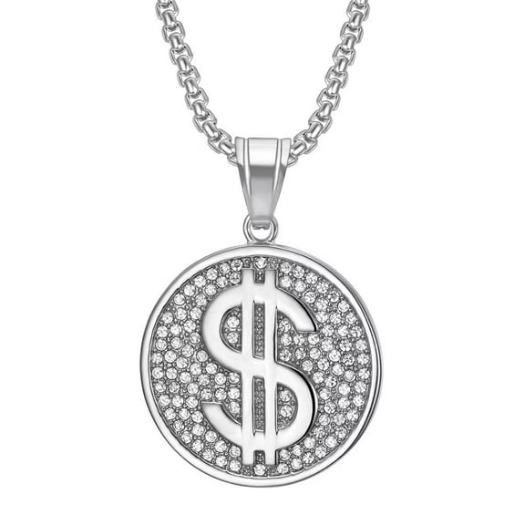 PAMTIER Unisex Stainless Steel Unique Hip Hop Round Cut Crystal Micro-Pave Iced Out Zircon Inlay Money Dollar Sign Pendant Necklace Silver with Chain