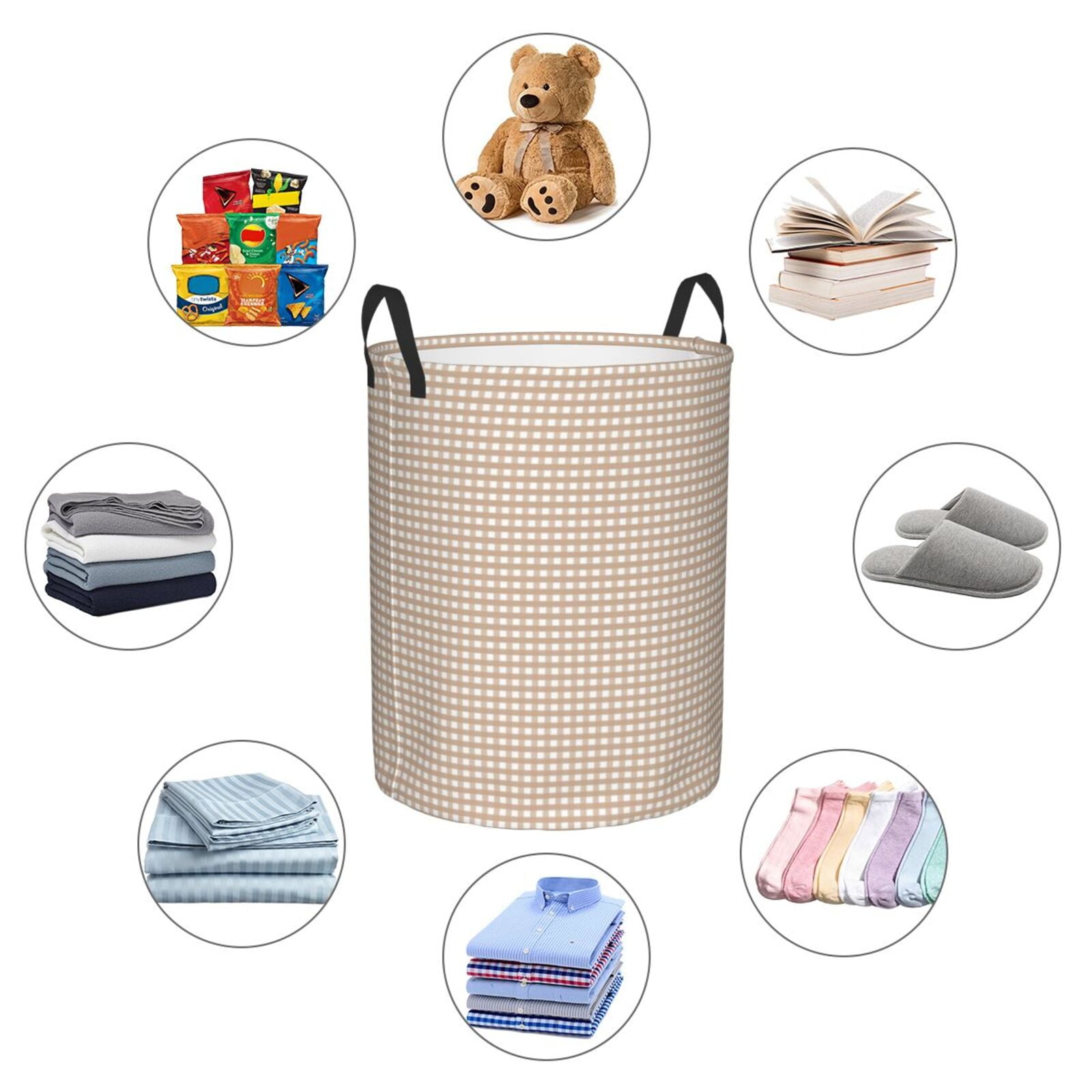 Rateoe Brown Gingham Pattern Round Laundry Hamper Basket, Tall Hamper Basket for Blanket Storage, Nursery Clothes Hamper for Laundry in Bedroom and College Dorm-Small