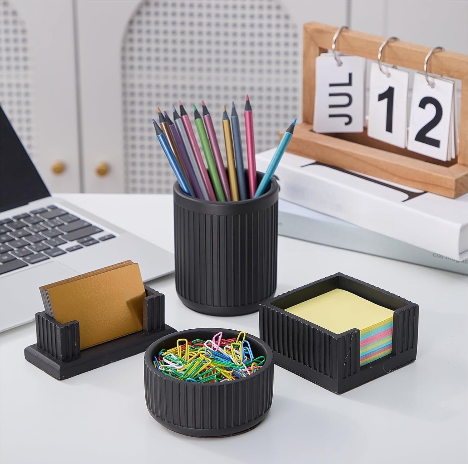 Set of 4 - Concrete Desk Accessories For Modern, Industrial, Minimalist Office Decor- Aesthetic Desk Organizers Accessories For Women or Men- Pen, Business Card Holder