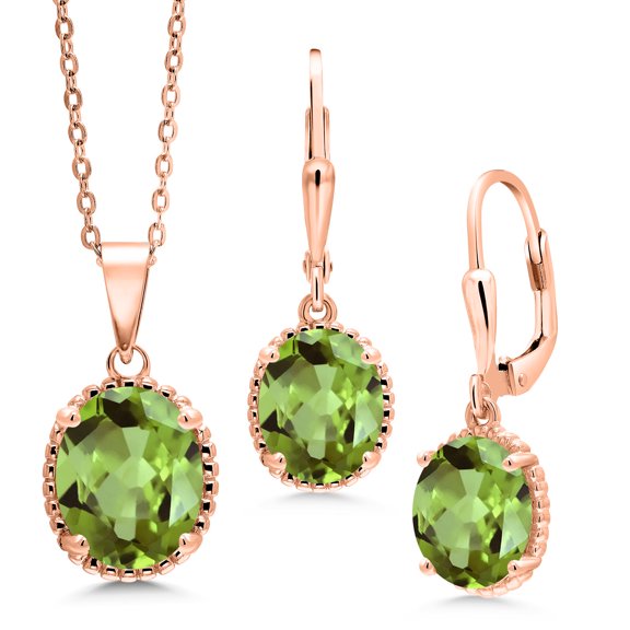 Gem Stone King 7.20 Ct Green Peridot 18K Rose Gold Plated Silver Pendant and Earrings Jewelry Set
