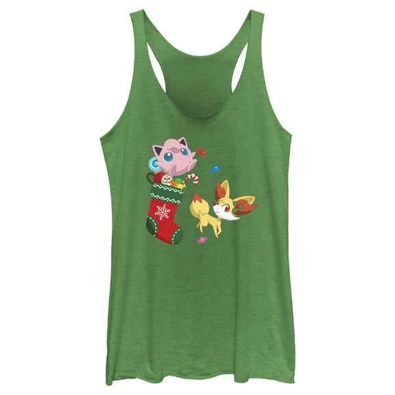 Women's Pokemon Christmas Jigglypuff and Fennekin Stocking  Racerback Tank Top Envy Green X Small