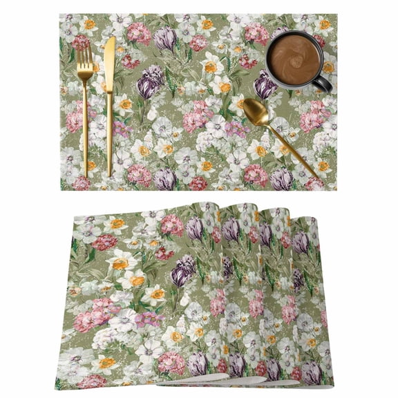 Sage Green Botanical Placemats Set of 6, Spring Floral Summer Botanical Vintage Placemats for Dining Table, Place Mats for Kitchen Tabletop, Waterproof Wipeable Dining Table Mats Set