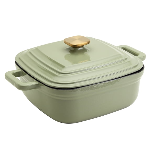 Smith & Clark 4 Quart Enameled Cast Iron Square Dutch Oven Pot with Lid, Matcha Green