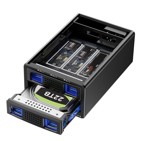 CENMATE Hybrid 2.5/3.5" SATA HDD/SSD+3* M / B+M Key M.2 NVMe Enclosure with Cooling Fan and USB A/C 3.2 Gen 2 (10Gbps), Hard Drive Enclosure Support