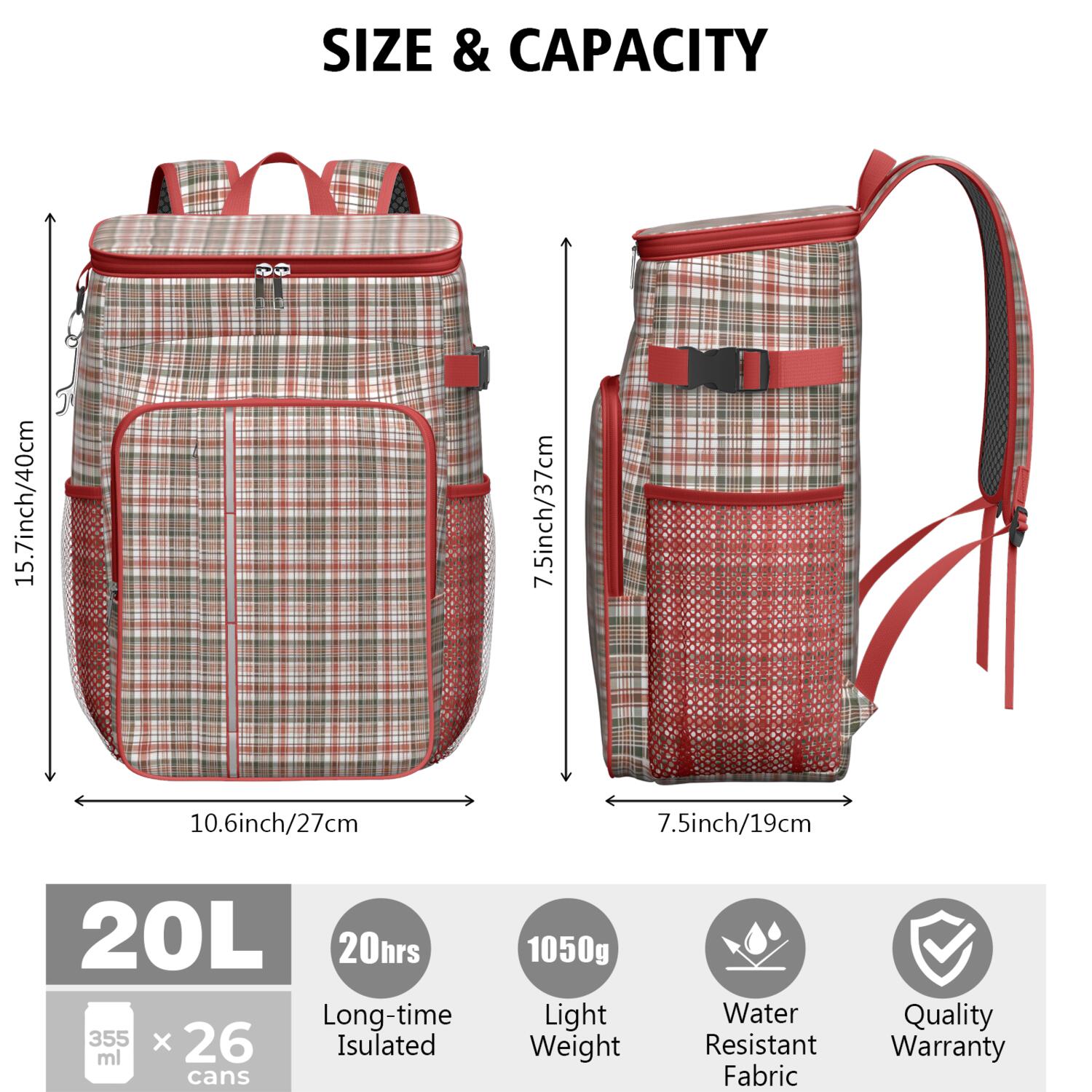 Travel Cooler Bag - Red and Green Plaid Christmas Pattern Camping Beer Cooler Backpack with Bottle Opener- Waterproof Insulated Picnic Backpacks - Cooler Bag for Beach