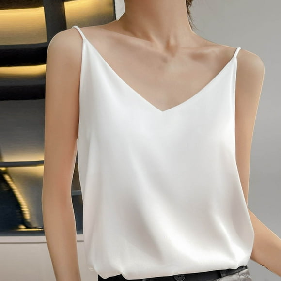 Staron Tank Top for Women Sleeveless Silk Satin Tops Spaghetti Strap Loose Dressy Blouses Solid V Neck Cami Basic T Shirts White XXXL