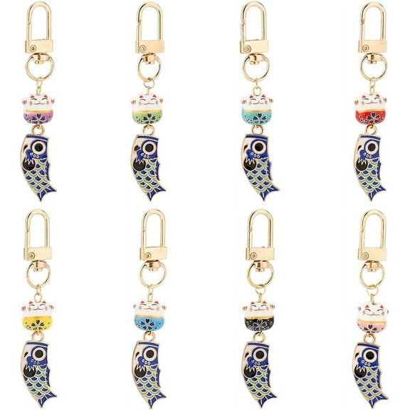 1 Box 8pcs Beckoning Cat Keychains Lucky Cat Keychain Keyrings Japanese Maneki Neko Fortune Pendants Wealth Health Cat Ornament Mobile Phone Pendant for Cell Phone Backpack Wallet Christmas