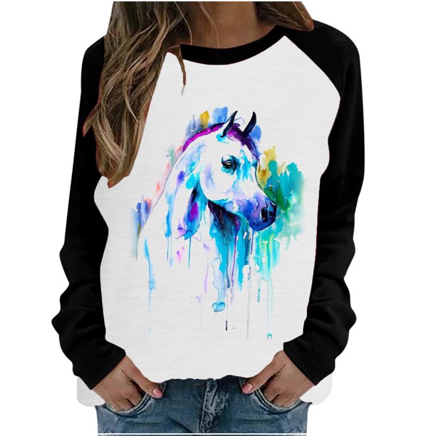 Moda mujer primavera otoño Color a juego impreso manga larga cuello redondo Casual camisetas Pompotops gfhjh18539