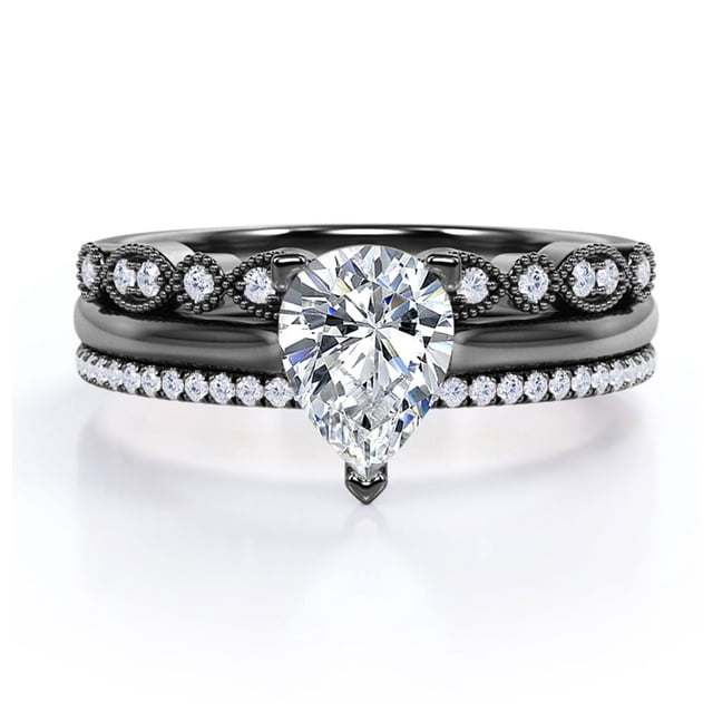 JeenMata Anillo de Compromiso Solitario 2 Ct Corte Pera, Pavé 3 Puntas, Filigrana Milgrain Art Déco, Conjunto Anillo Boda Trío, Baño Oro Negro 18 K sobre Plata