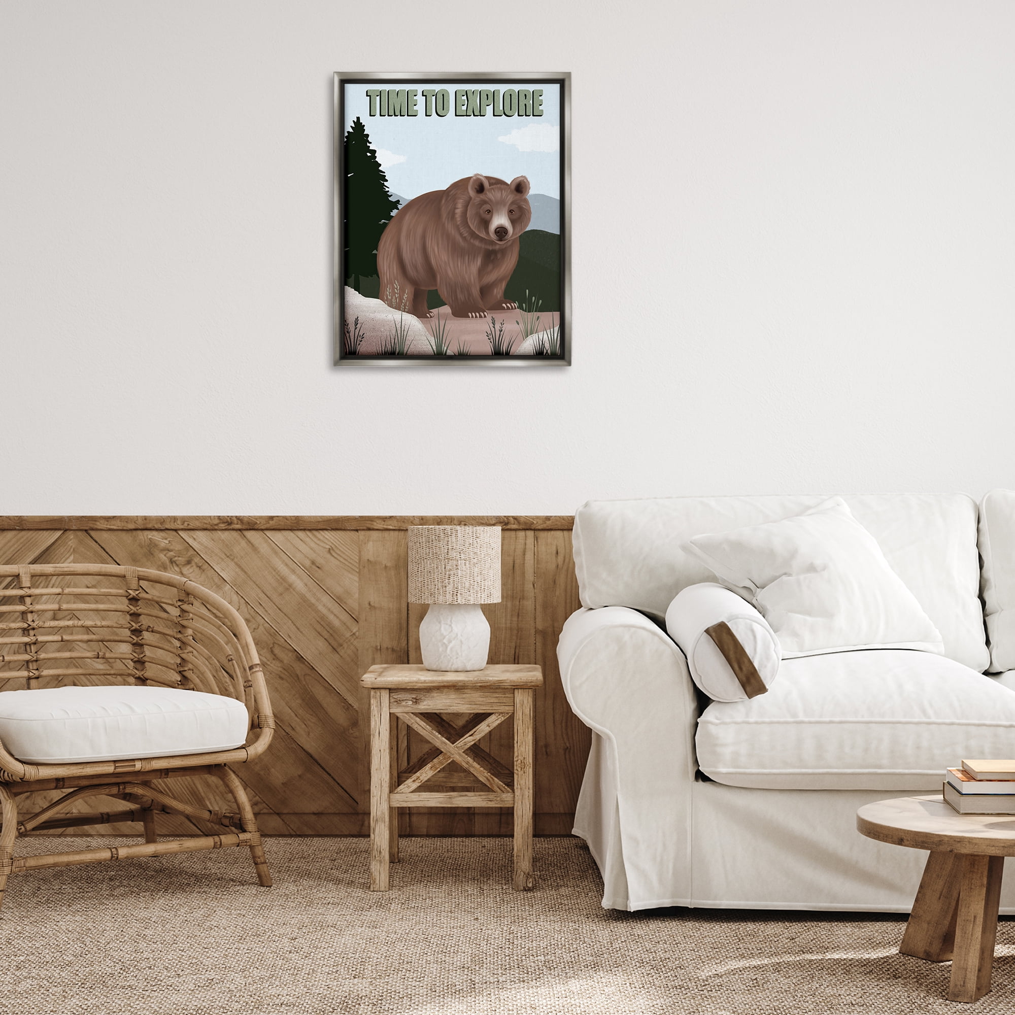 Stupell Industries Adventure Nature & Bear Animals Painting Gray Floater Framed Canvas Art Print Wall Art, 25 x 31