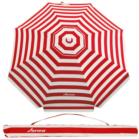 MOVTOTOP 1PC 6.5 Feet Striped Beach Umbrella UV Protection with Aluminum Pole Adjustable Sand Umbrella with Sand Anchor and Carry Bag (Red and