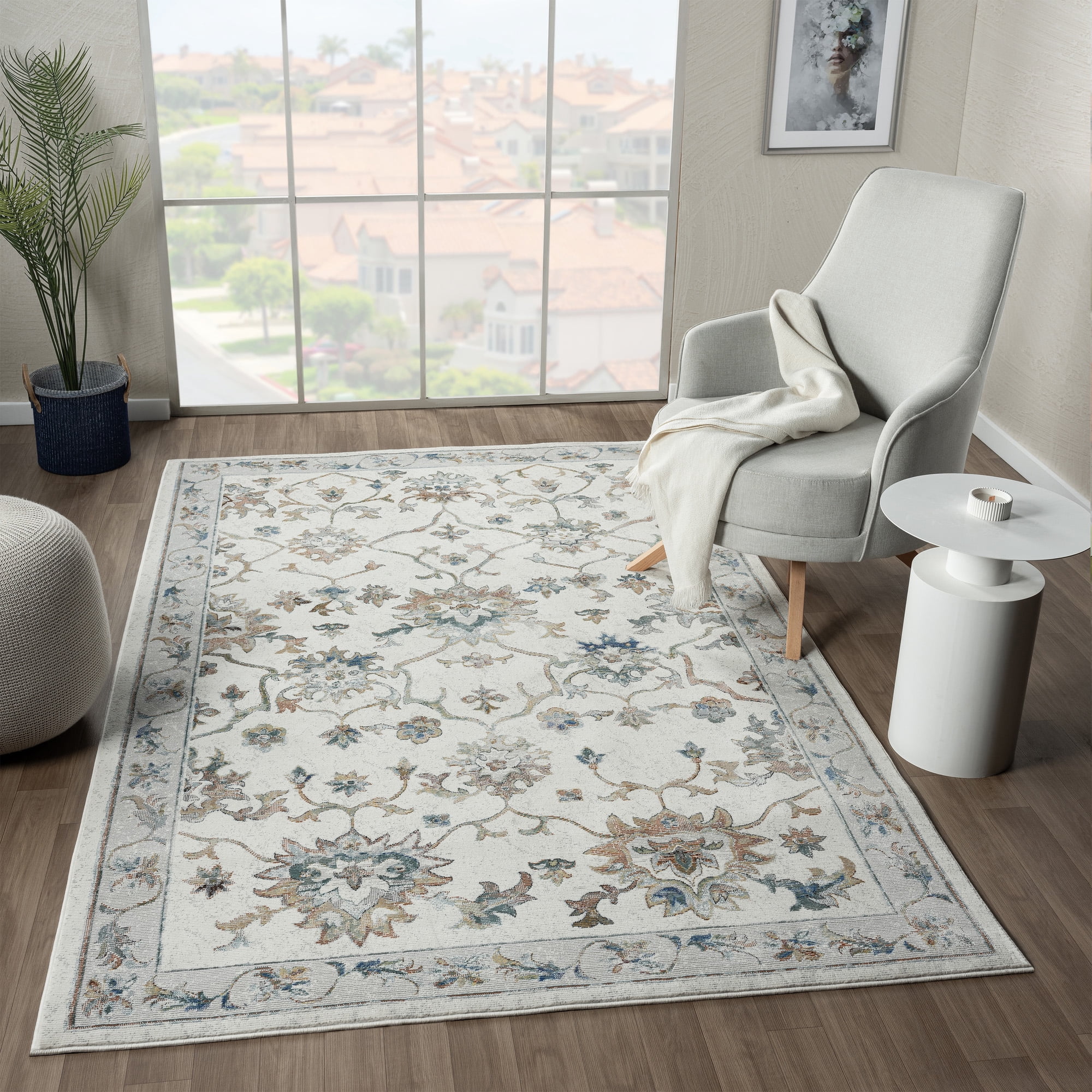 LR Home Ada 2'3" x 8'9" Ivory Bordered Floral Durable Indoor Area Rug