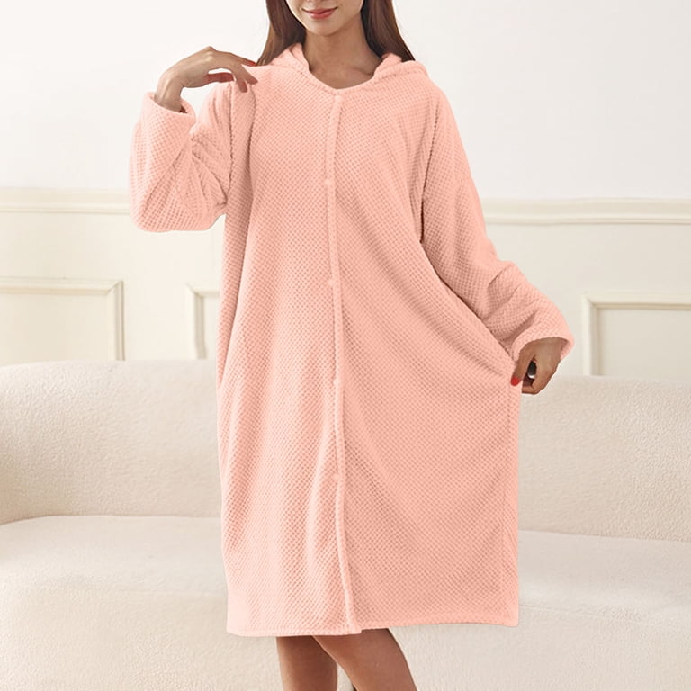 long sleeve towel dress with hood Women's Hooded Towel Wrap Button Front Closure Wearable Bathrobe  Lightweight Shower Spa Cover Up Robe,Short/Long Sleeve Women Fleece Robe,Pink  1