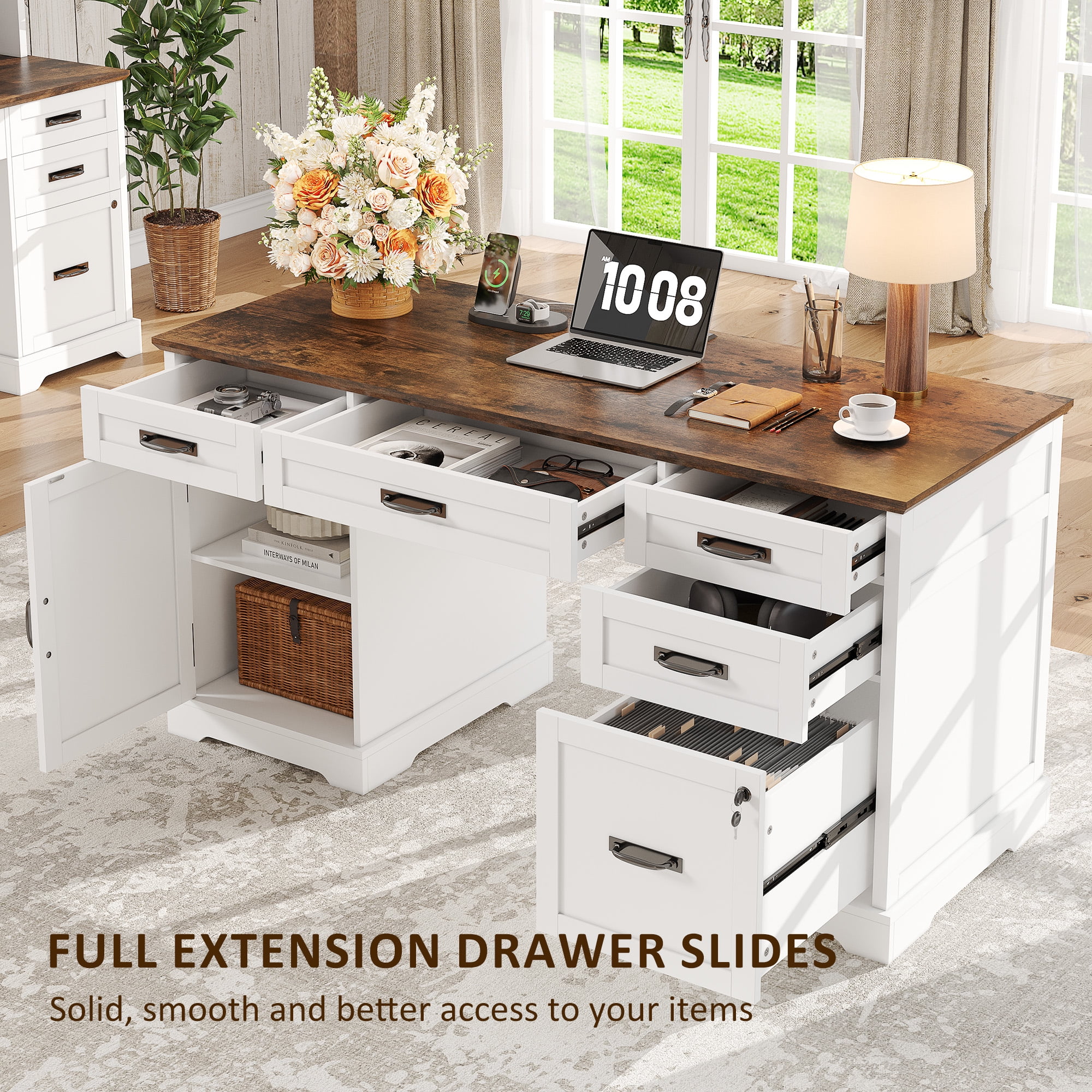 Executive Desk with File Drawers, 55'' Farmhouse Desk Modern for Adult Home Office, White