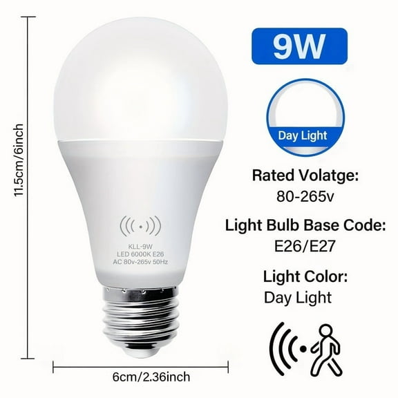 SDOTXA 1pc Motion Sensor Light Bulbs  9W/12W(100W Equivalent) Motion Detector Auto Activated Dusk To Dawn Security LED Bulb  E26 6000K Daylight Outdoor/Indoor Lighting For Garage Porch St