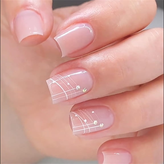 Nude Press on Nails Short Square Natural Acrylic Fake Nails with Rhinestones Design Glue on Glossy Full Cover Artificial Gel False Stick on Nail for Girls Women Wedding Manicure 24Pcs Nude with