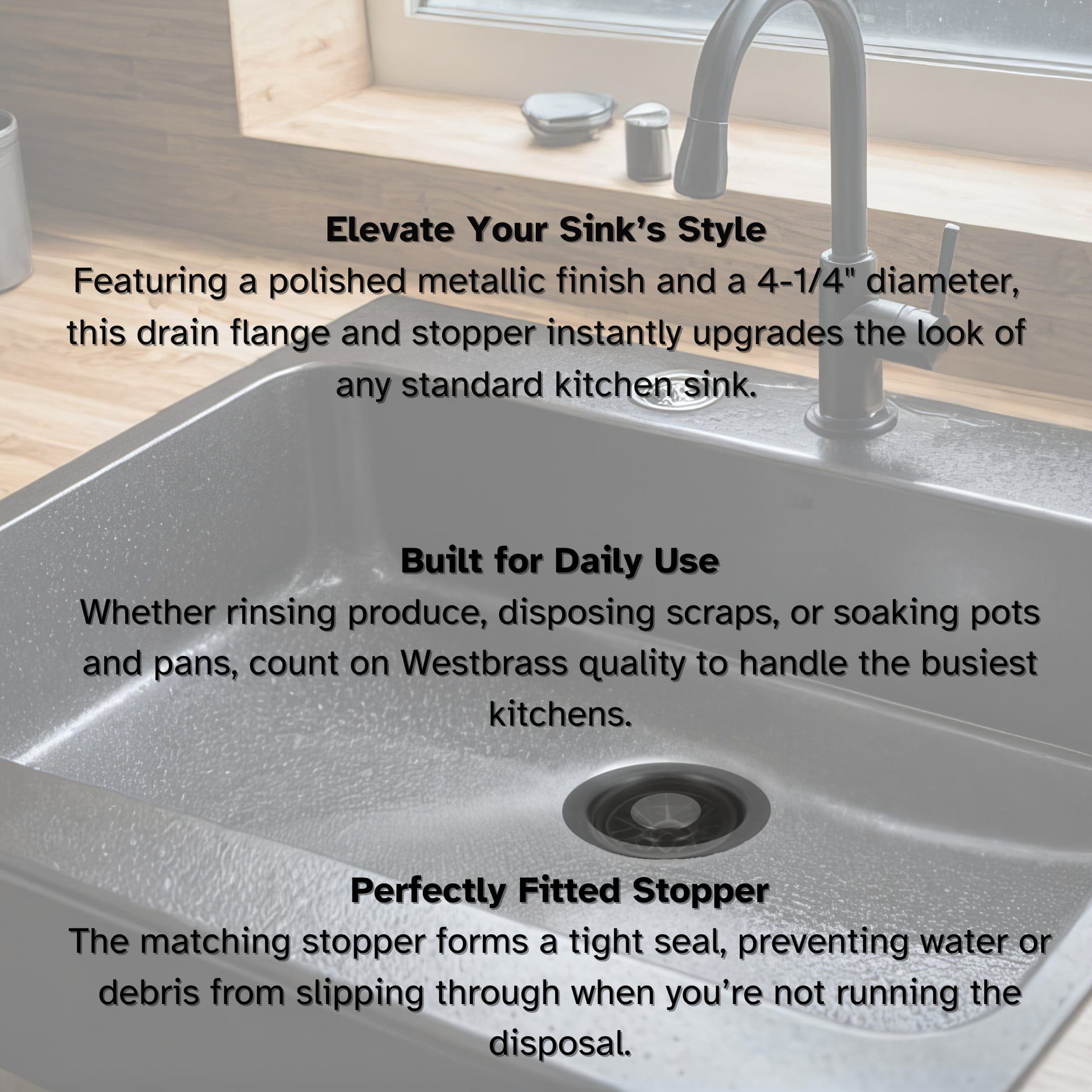 Westbrass Kitchen Sink Waste Disposal Drain Flange and Stopper, Matte Black
