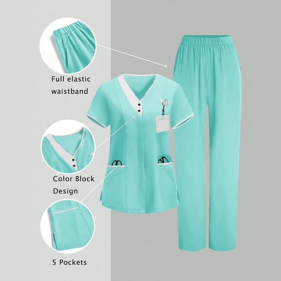 Womens Scrub Sets Plus Size V-Neck Short Sleeve Color Blocking Tops And Long Elastic Waist Pants Two Piece Workwear Suits with Pockets Green S-3xL