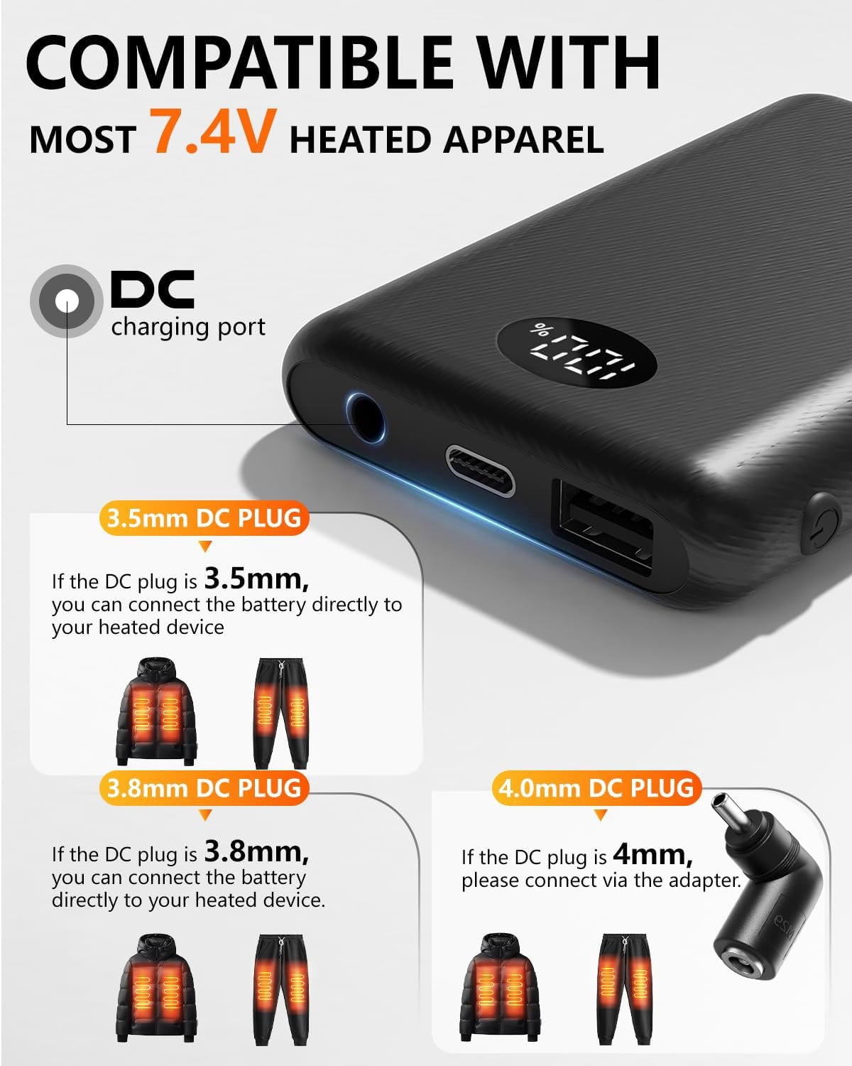 Power Bank, 7.4V2A 10000mAh Battery Pack for Phone, Heated Battery Pack, USB-A /Type-c/DC 3.8mm(Compatible with 3.5 mm, includes 4.0 mm adapter cable.） 1 Pack