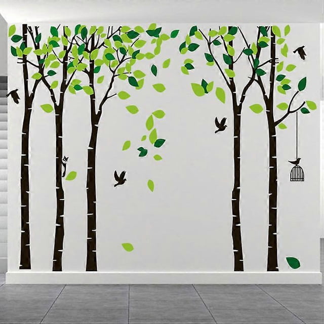 Cinco grandes árboles genealógicos con pájaros y jaula de pájaros, calcomanía de pared de árbol, decoración para habitación infantil, dormitorio, sala de estar (103.9 x 70.9) (marrón)
