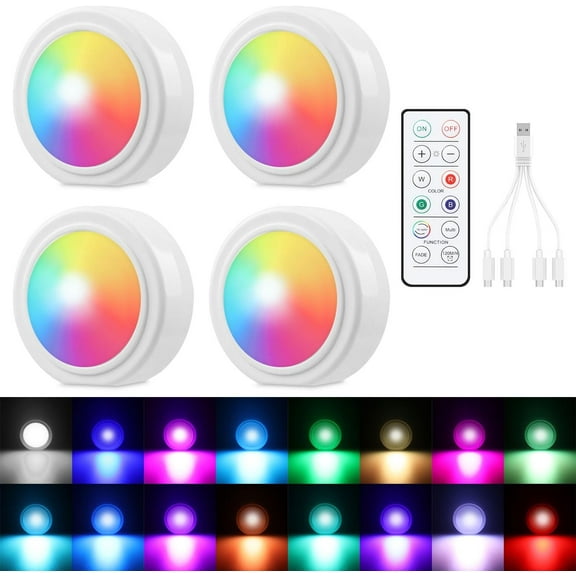 4PCS Wireless Car LED Lights with Remote Control, 16 Colors Interior Car Led Puck Lights, Rechargeable Ambient Lighting Kit with Dimmer & Timer, Inside Night Lamp for Vehicle Home Decoration