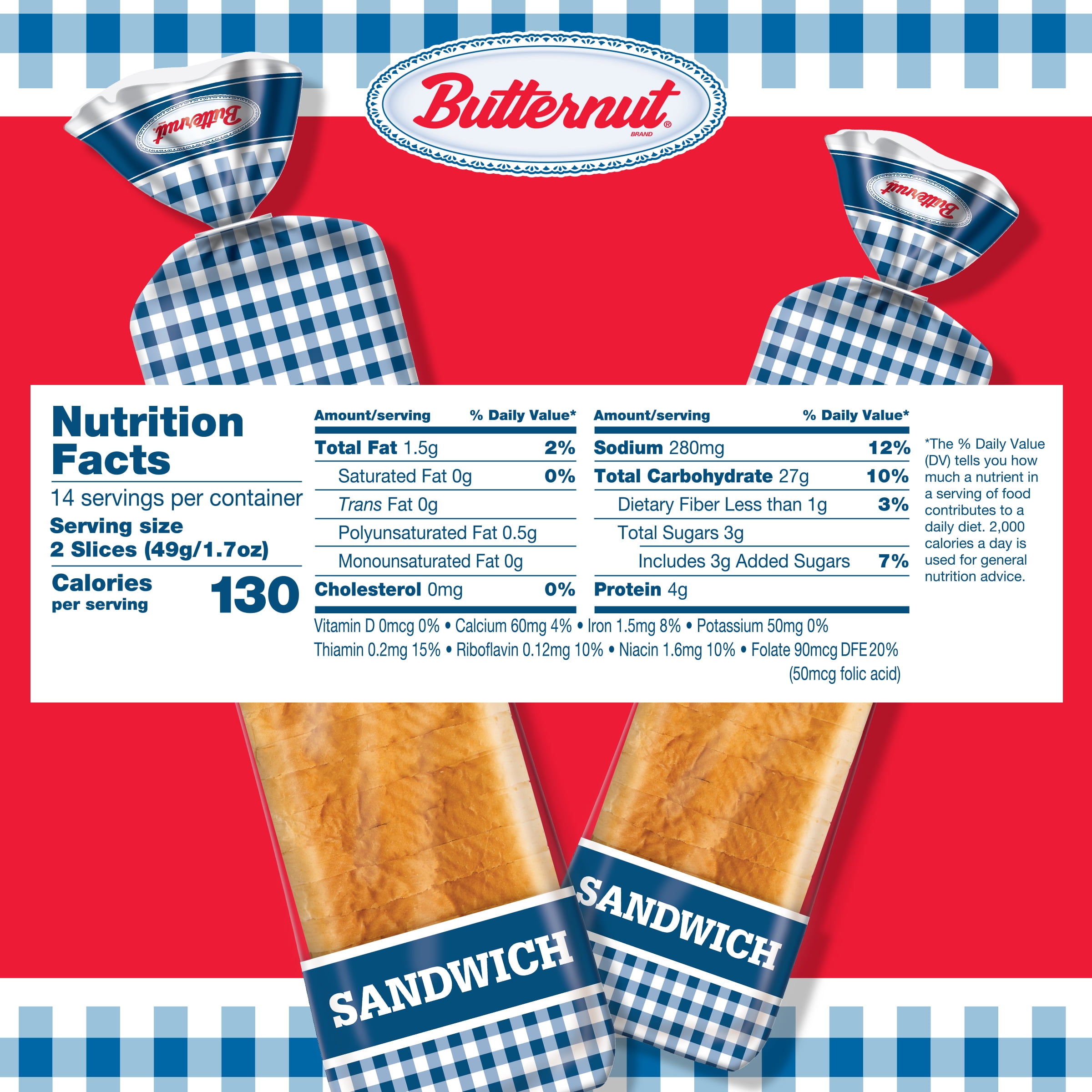 Butternut Sandwich Bread, Enriched Soft White Bread, 24 oz, Shelf-Stable