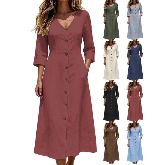 Cotton Linen Dress for Women Plus Size V Neck 3/4 Sleeve Casual Loose Fit Midi Dress with Pockets Button Decor