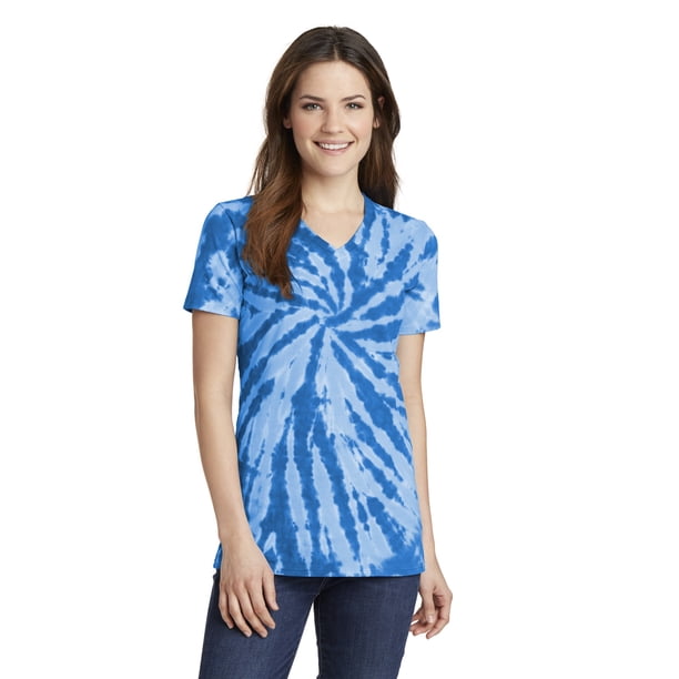 Playera con cuello en V Port & Company Essential Tie-Dye para mujer LPC147V, Royal, XS