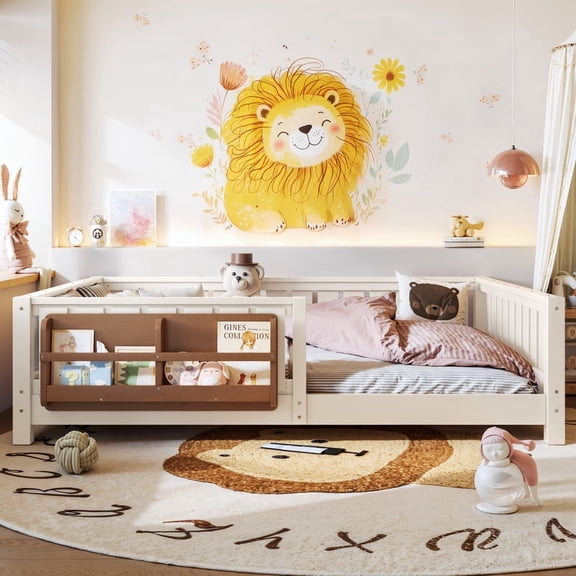 Bellemave Montessori Full Size Floor Bed with Built-in Bookshelf & Full Safety Guardrails, Low Profile full Bed Frame with Wood Slats, No Box Spring Required, Easy Assembly, White and Beige