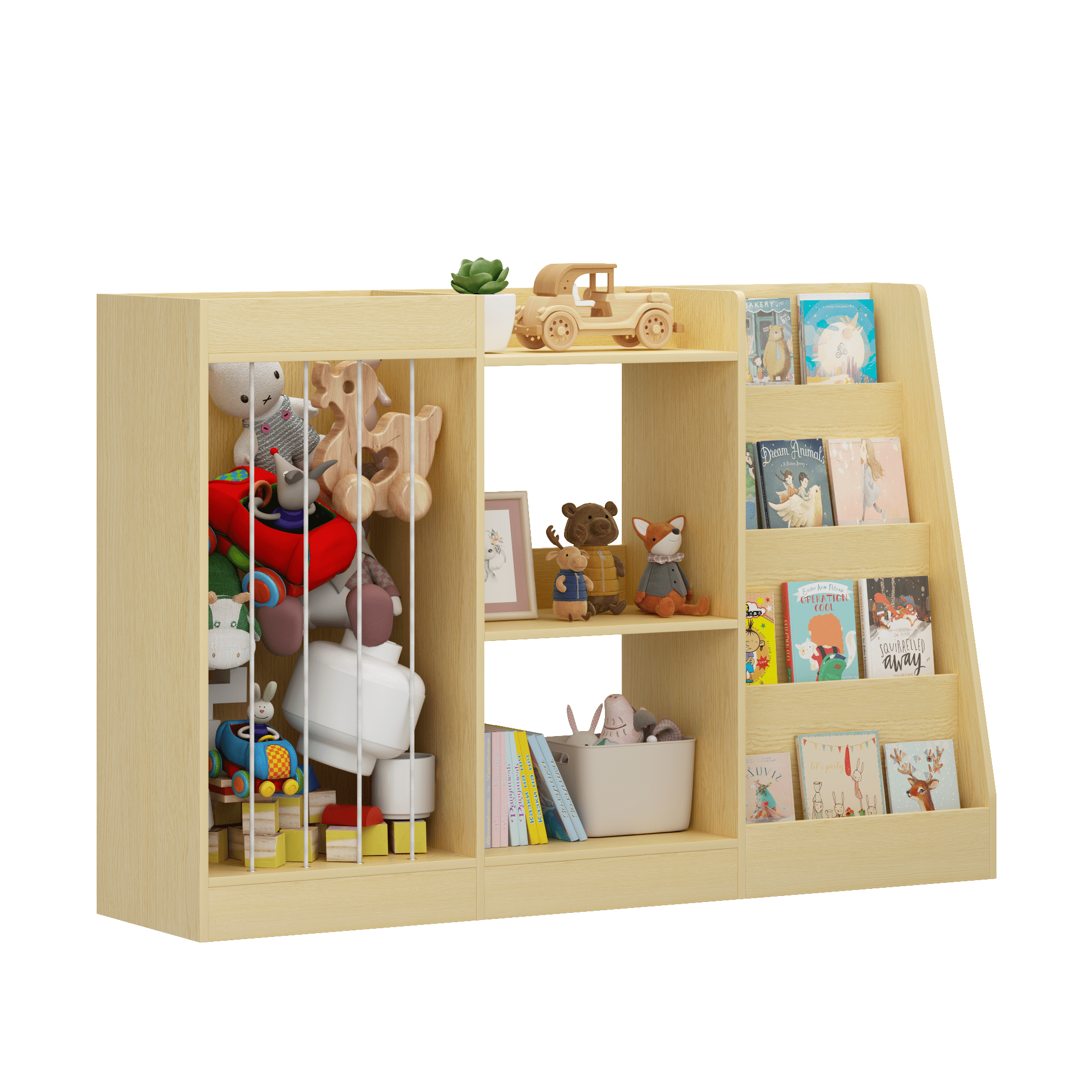 Kids Bookshelf 47.3 Inch, 4-Tier Bookcase with Toy Storage and Stuffed Animal Organizer, Montessori Bookshelf for Nursery and Playroom, Natural