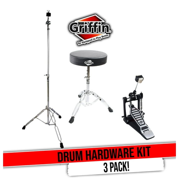 GRIFFIN Drum Hardware Set (3 Piece Kit) - Kick Drum Pedal, Drummer's Throne Seat & Straight Cymbal Stand | Deluxe Chrome Percussion Set for Mounting Crash, Ride & Splash Cymbals