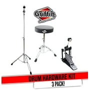 GRIFFIN Drum Hardware Set (3 Piece Kit) - Kick Drum Pedal, Drummer's Throne Seat & Straight Cymbal Stand | Deluxe Chrome Percussion Set for Mounting Crash, Ride & Splash Cymbals