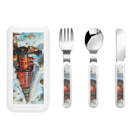 

Salouo Red Train Hot Air Balloon Pattern 3 Pieces Toddler Utensils Kids Silverware Set Stainless Steel Utensils for Kids Children Safe Spoons Forks & Knife Dishwasher Safe