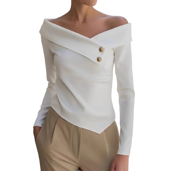 Off The Shoulder Tops for Women Long Sleeve Tops Dressy Casual Fall Asymmetrical Neck Going Out Tops Blouse Slim Fit Business Tunic Tops