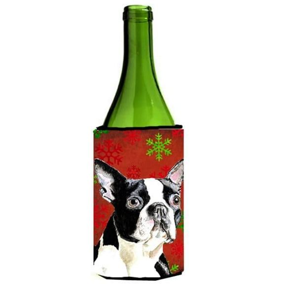 Boston Terrier Red Green Snowflakes Christmas Wine bottle sleeve Hugger