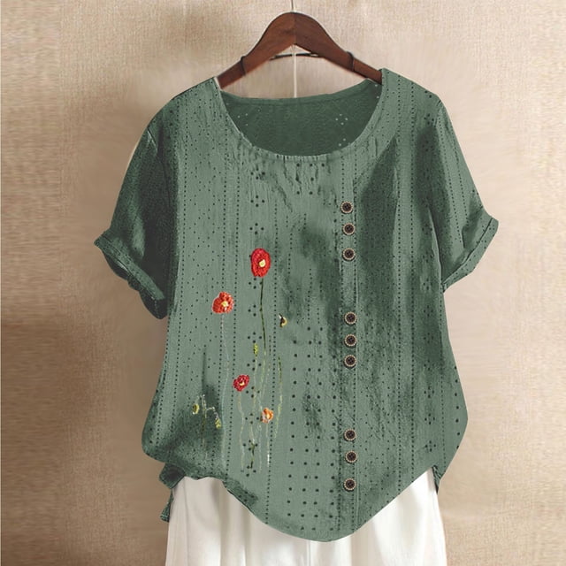 Blouses pour Femmes, Mode Féminine Imprimée Confortable Blouse Ample à Manches Courtes avec Boutons, Col Rond Décontracté
