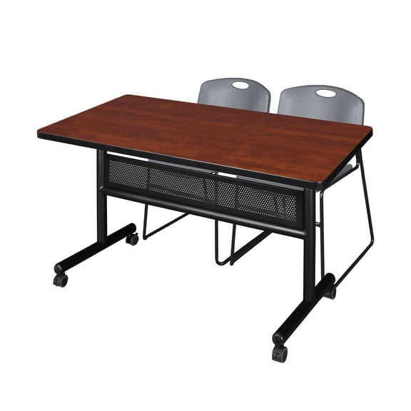48" x 30" Flip Top Mobile Training Table with Modesty Panel- Cherry and 2 Zeng Stack Chairs- Grey
