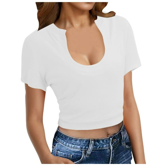 TSADFHJI Athletic Tops Women Built in Bra Women Fashion Solid Round Neck Short Sleeve Sexy Tight Vest T Shirt Top M White