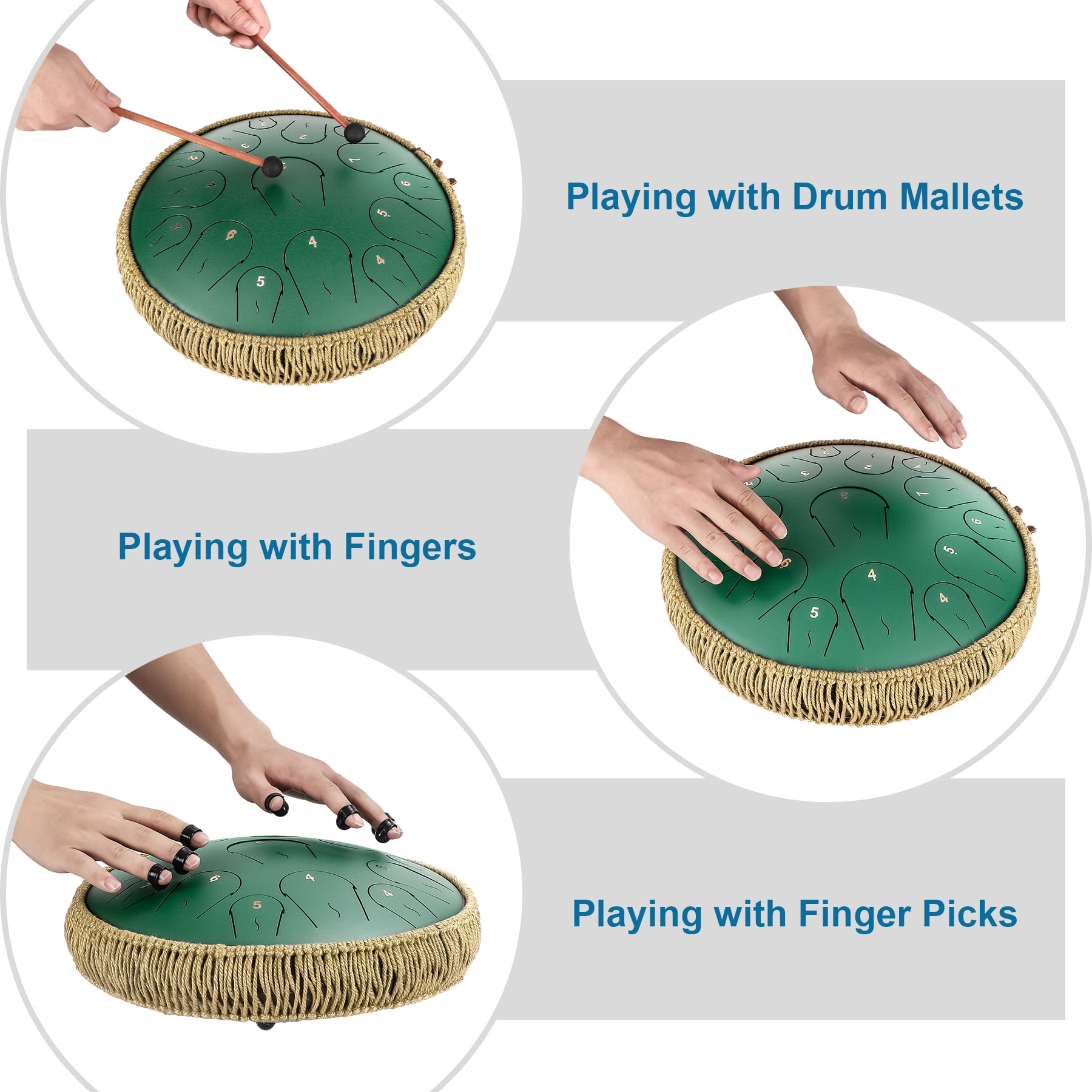 Lidguni 14" 15 Notes Rain Drum for Adults, Tongue Pan Drums with Carry Bag, C Major, Green