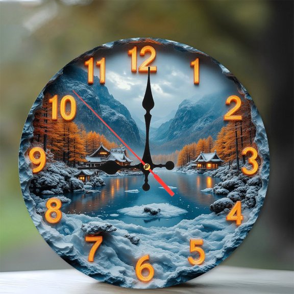 Winter Landscape Wall Clock Scenic Mountain Lake Home Decor 10-Inch Silent Wooden Wall Clock, Battery Operated (AA Batteries Not Included), Artistic Home Decor
