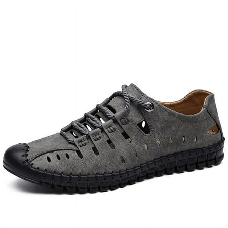 Men s Hollow Closed Toe Leather Handmade Sandals Soft Lightweight Slip-On Flat Fisherman Non-Slip Beach Sandals Walking Driving Shoes