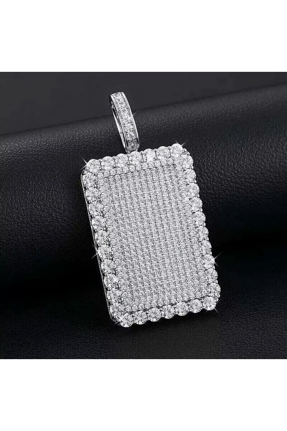 14K White Gold Plated 3Ct Round Cut Lab Created Diamond Men's Dog Tag Pendant Free Chain 1.5 inch Pendant