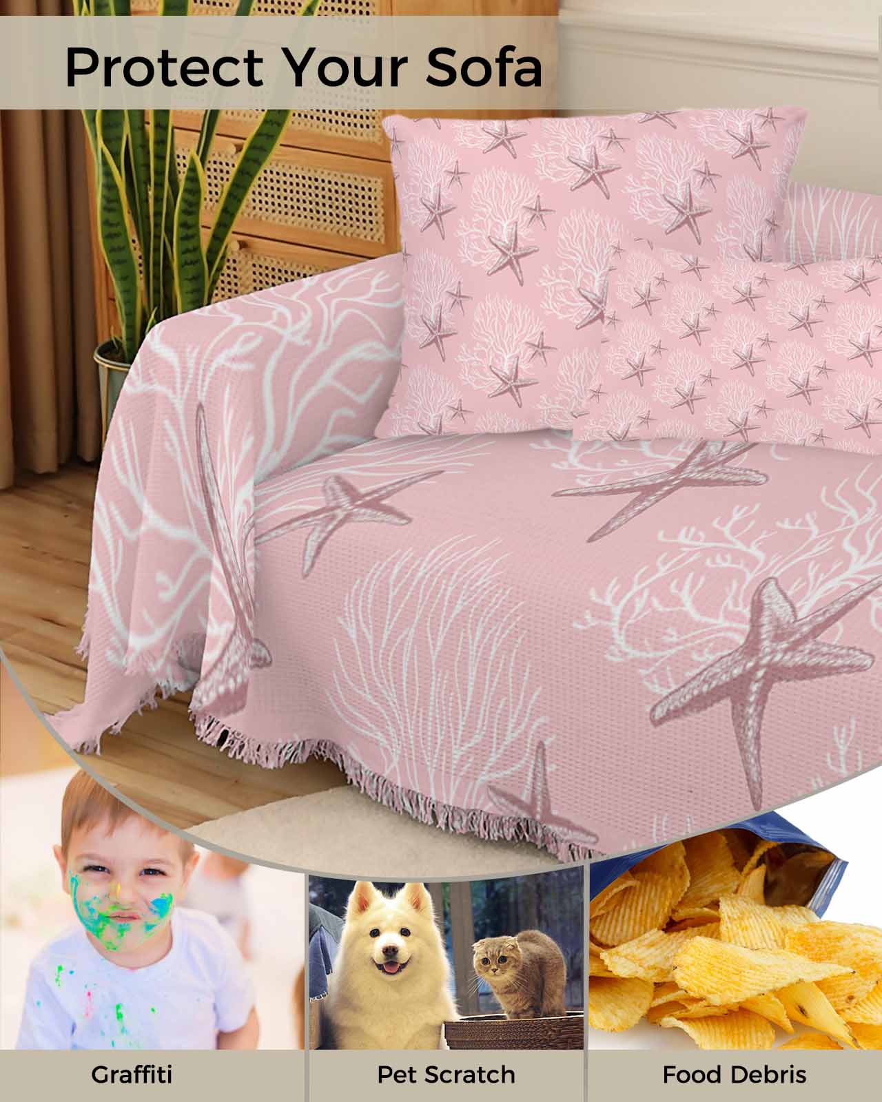 Pink Starfish Sofa Couch Covers for Dog,Washable Sectional Couch Slipcoverfor Loveseat with Tassels,Coastal Ocean Coral Sea Nautical Beach Non Slip Sofa Throw Cover Blanket Large 71''x102''