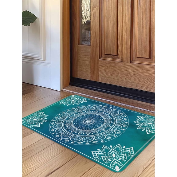 Teal Blue Boho Door Mat Indoor Outdoor Entrance, Non Slip Rug for Kitchen Bathroom Entryway Rug, Retro White Rustic Flower Ethnic Pattern Washable Doormat Floor Mat 24x36 Inch