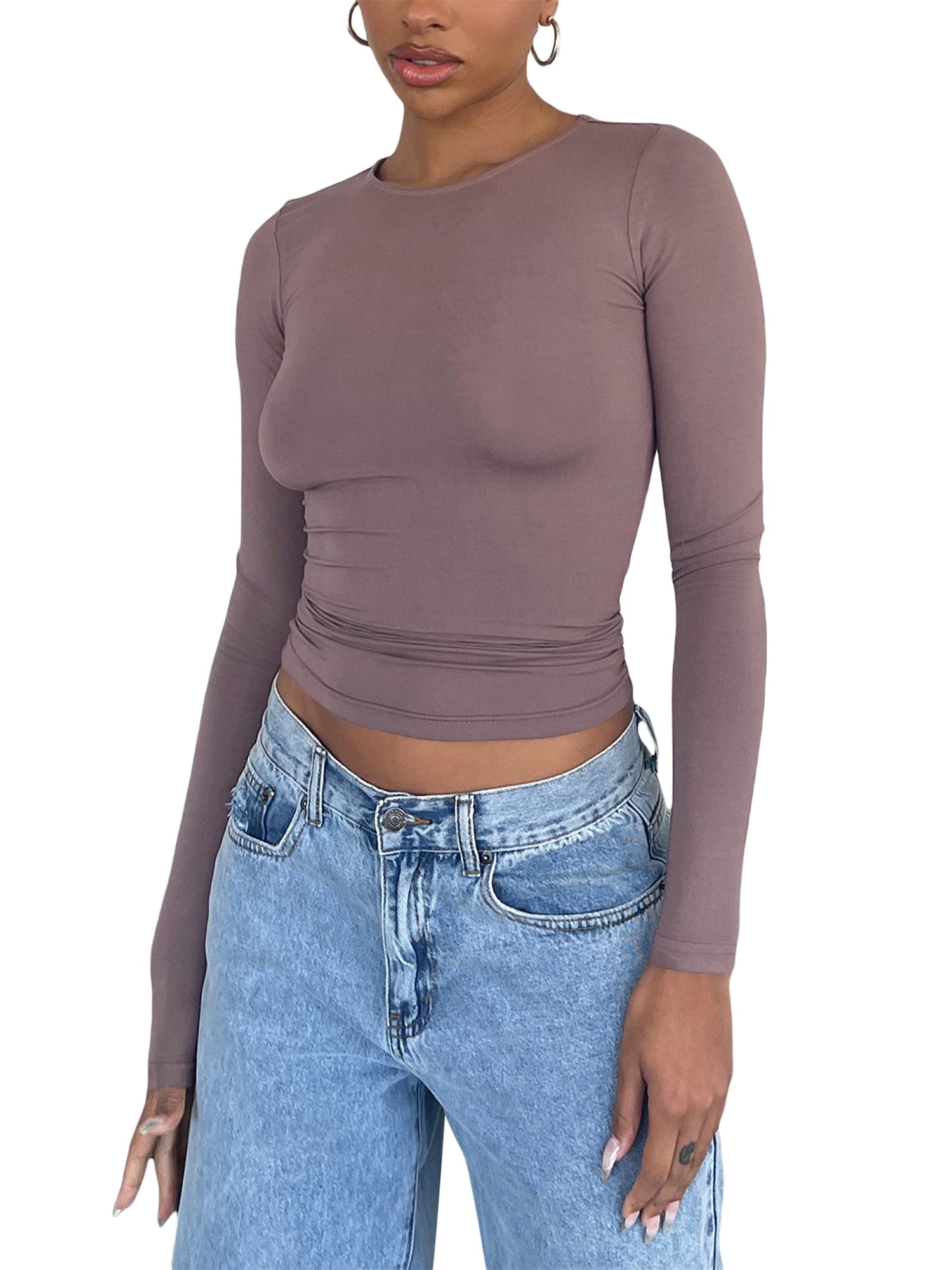 Women's Slim Fit Basic Crop Tops Solid Color Long Sleeve Round