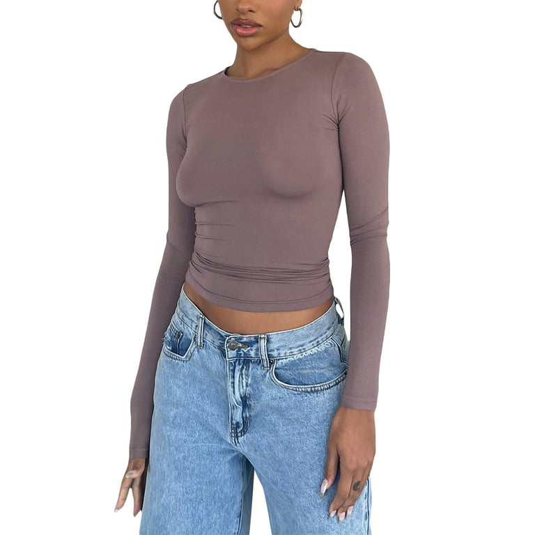 Women's Knitted Long Sleeve Crop T Shirt Crop Tops Crew Neck Long Sleeve  Crop Tops Pullover Casual Sexy Texture Tops Slim Long Sleeve Shirts (Color  : Grau, Size : S) : 